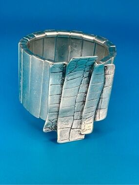 Wide Silver Statement Stretch Bracelet | Textured Artisan Cuff Boho Chic Chanour
